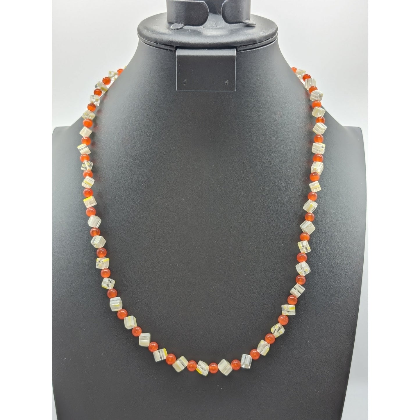 Orange Cat Eye Round & Clear Yellow Daisy Square Bead Toggle Clasp 25" Necklace