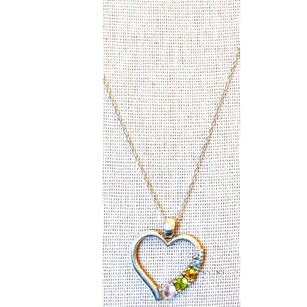 925 Sterling Silver Multi-Color Crystal Heart Necklace on Sterling 18" Chain