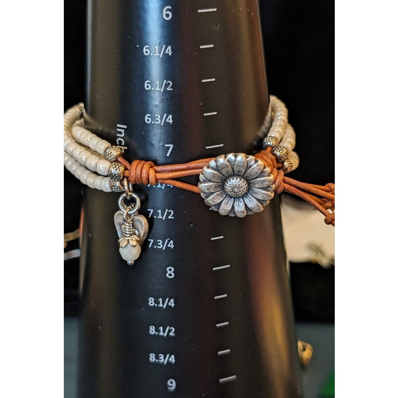 Beaded Leather Sunflower Wrap Dangle Charm Boho Bracelet
