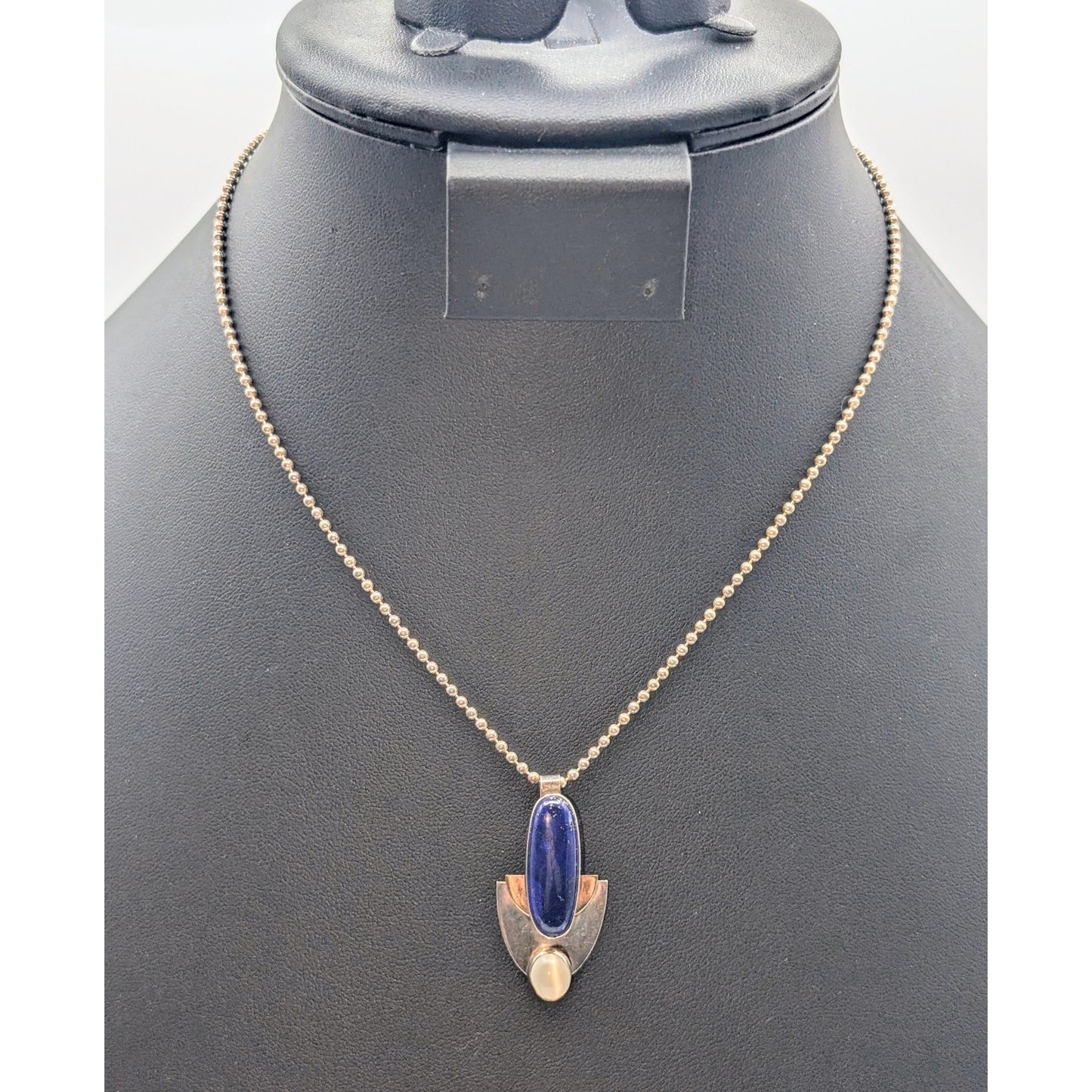 VTG Sterling Two Toned Lapis Lazuli & Moonstone Bead Ball Chain Necklace