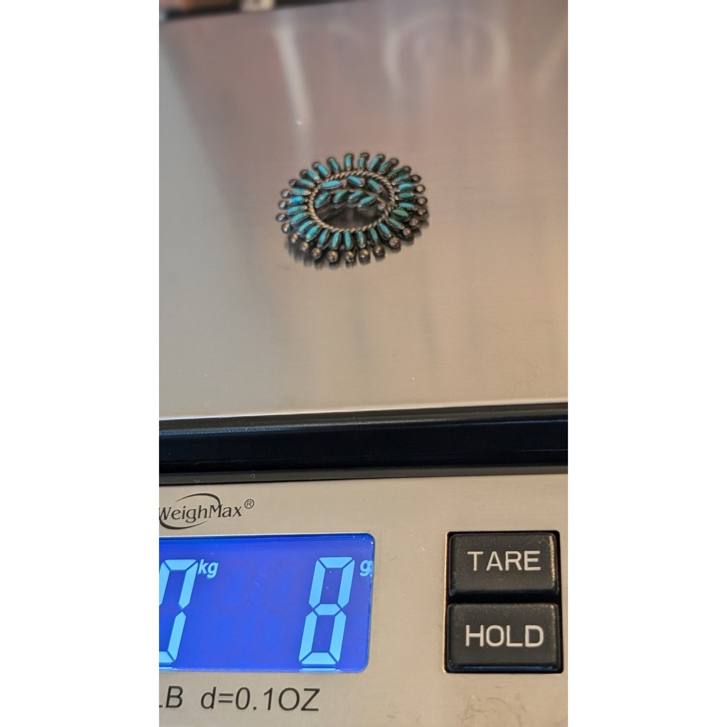 Vtg ZUNI Native American Petite Needlepoint Sterling Turquoise Leaf Brooch