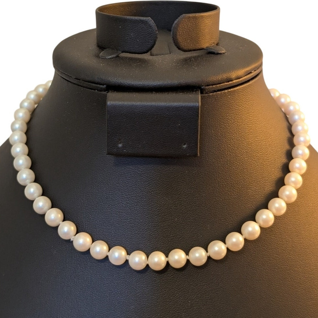 Vintage Sterling Silver Clasp Hand Knotted 12mm Faux Pearl 15.5" Necklace