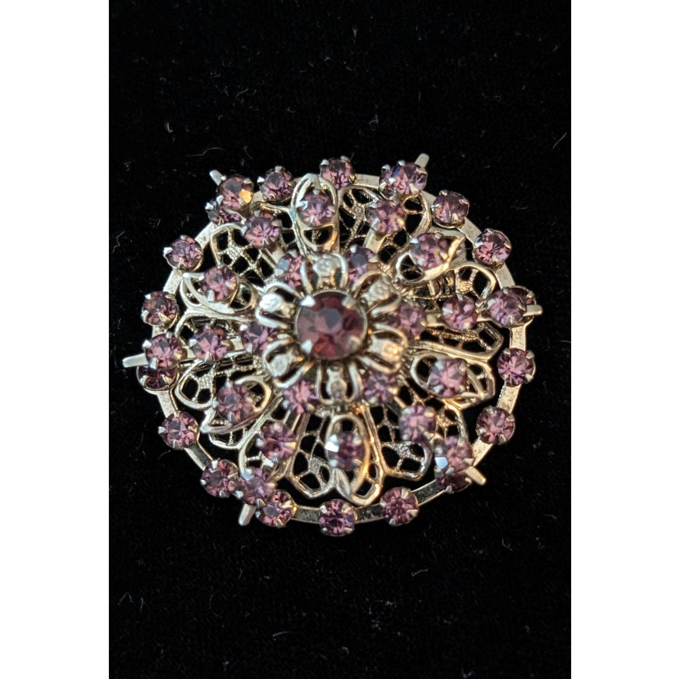 Vintage Silver Tone Purple Crystal Three Dimensional Flower Brooch