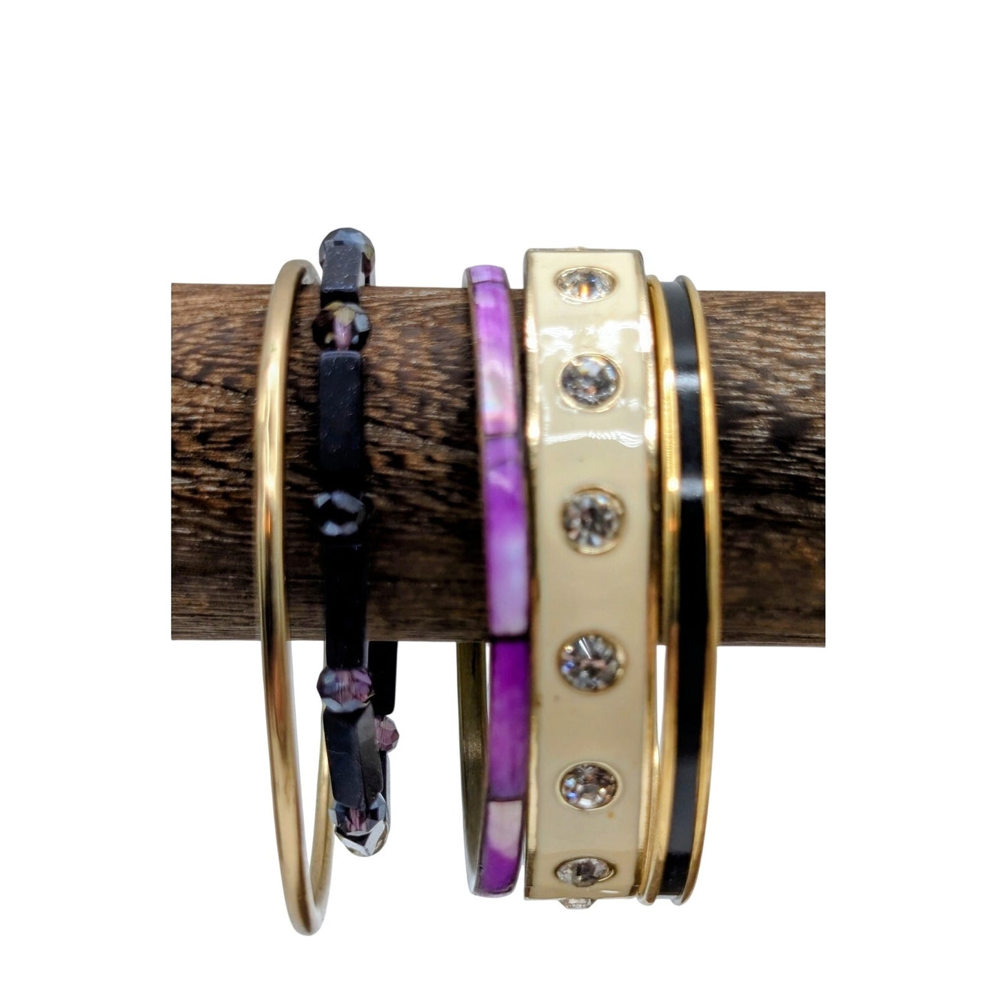 Lot of Four Purple Cream Black Theme Bangles & One Purple Stone Bead Bracelets