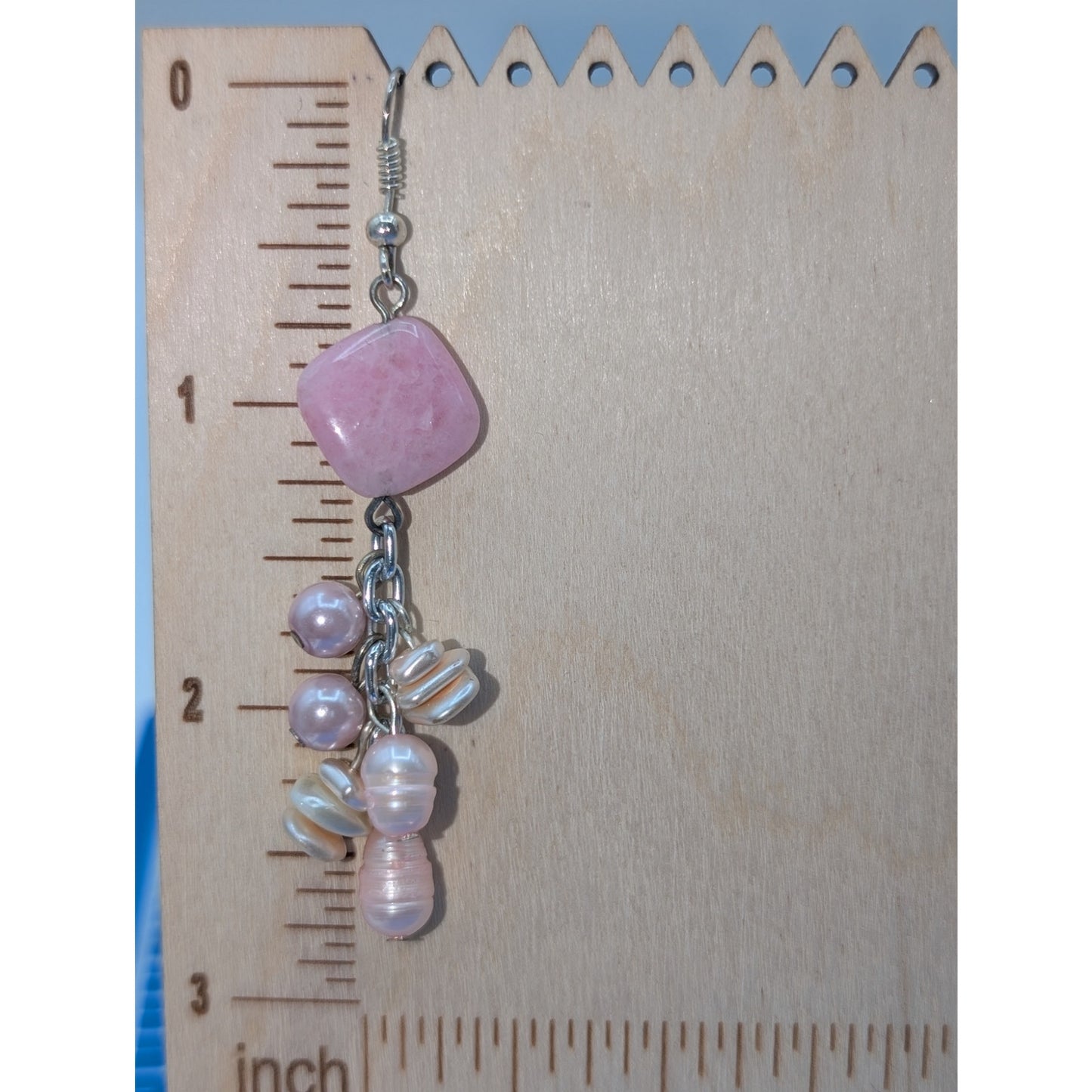 Silver Tone Pink Stone Pink Pearl Cluster Dangle Earrings