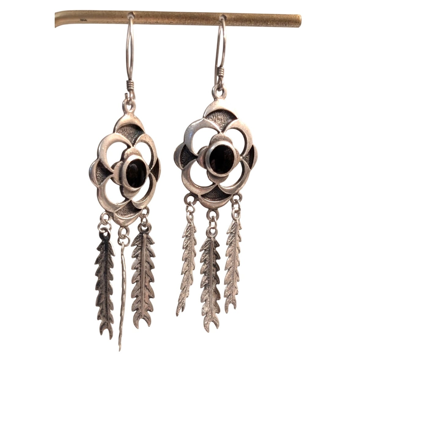 Vintage Sterling Silver Black Onyx Inlay Floral Three Feather Dangle Earrings