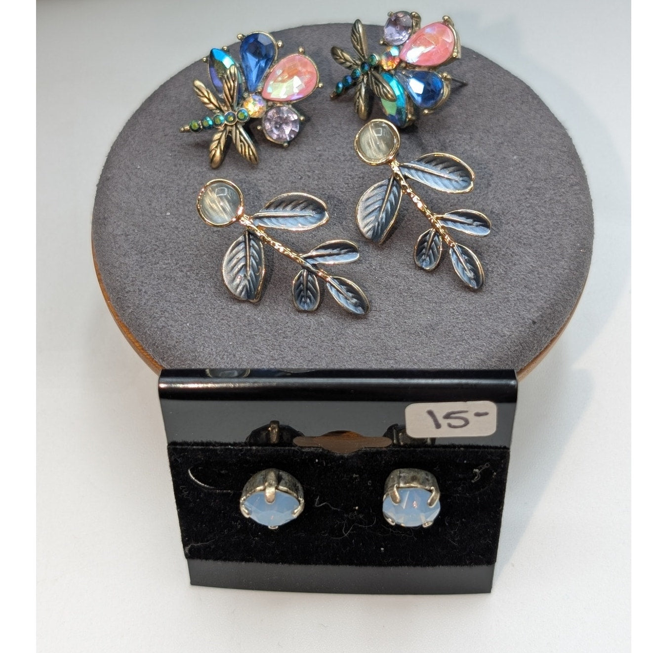 Lot of Three Pair Dusty Blue Dragonfly Rhinestone Pierced Earrings
