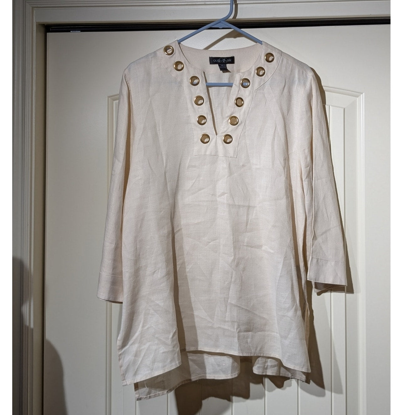 August Silk 100% Linen Tunic 3/4 Sleeve Gold Grommet V Neck Blouse Womens Sz S