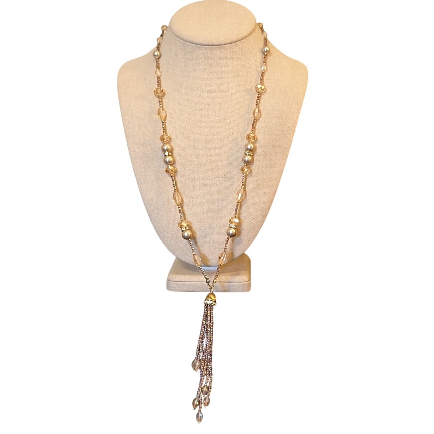 Champagne Crystal Faux Pearls & Rhinestone Rondelle Beaded Tassel Necklace