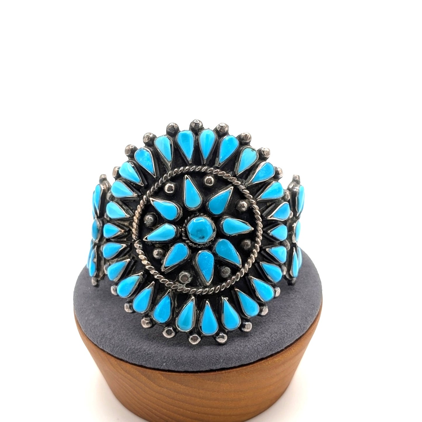 VTG Native ZUNI Sterling Silver TURQUOISE Flower Blossom Cuff Bracelet 92.34g