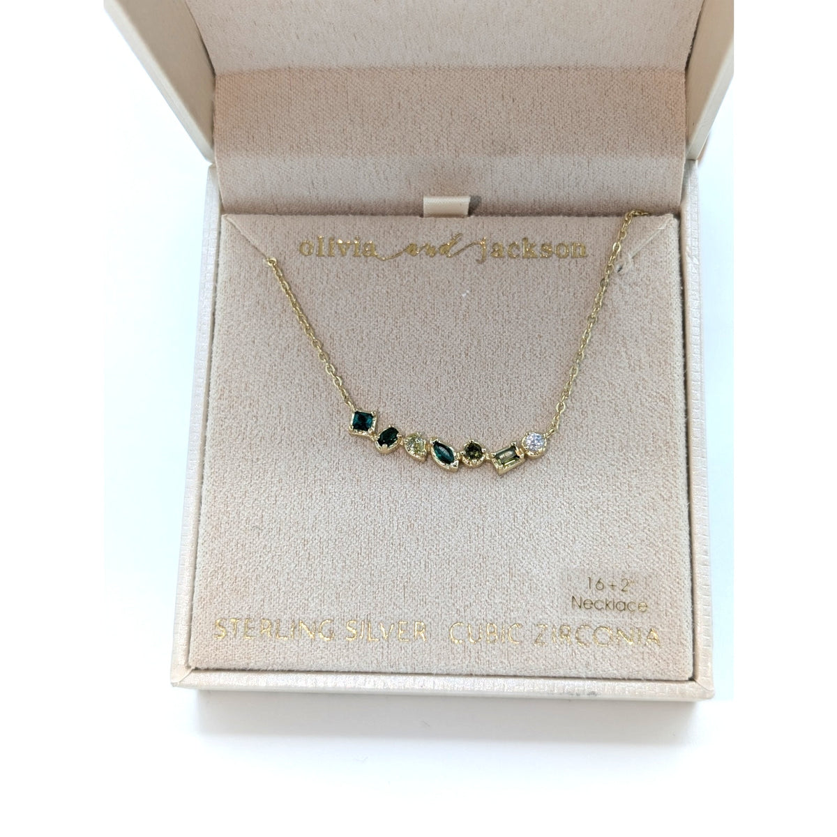 Olivia and Jackson Sterling Silver Green Clear CZ 16"-18" Gold Tone Necklace NWT