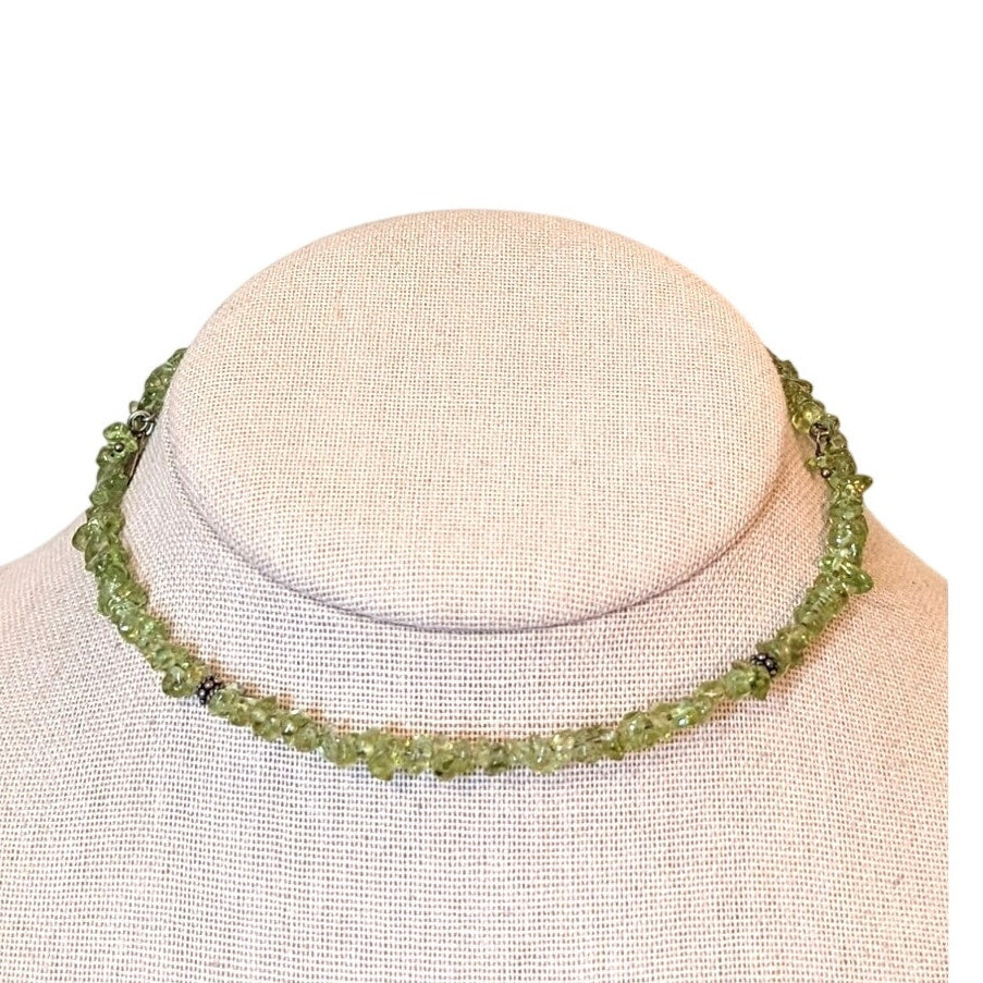 Vtg India 925 Sterling Silver Peridot Chip Bead Adjustable Wire Collar Necklace