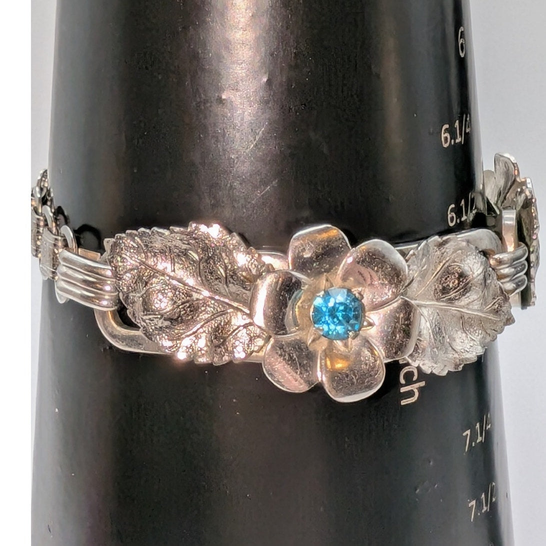 Vintage Silver Tone Blue Crystal Flower Leaf Chain Fold Over Clasp Bracelet