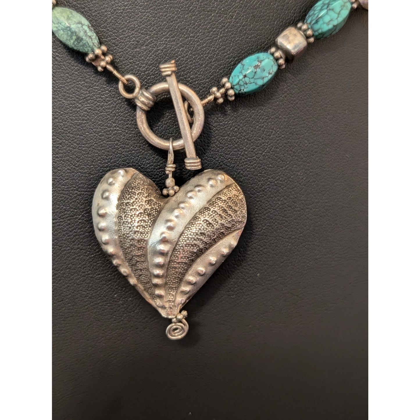 925 Textured Puff Heart Pillow Square & Turquoise Bead Toggle Clasp Necklace