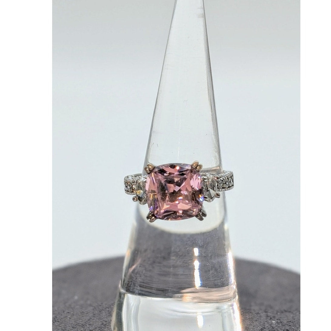 925 Sterling Silver Pink Multi Faceted Cushion Cut & CZ Ring Size 5.75