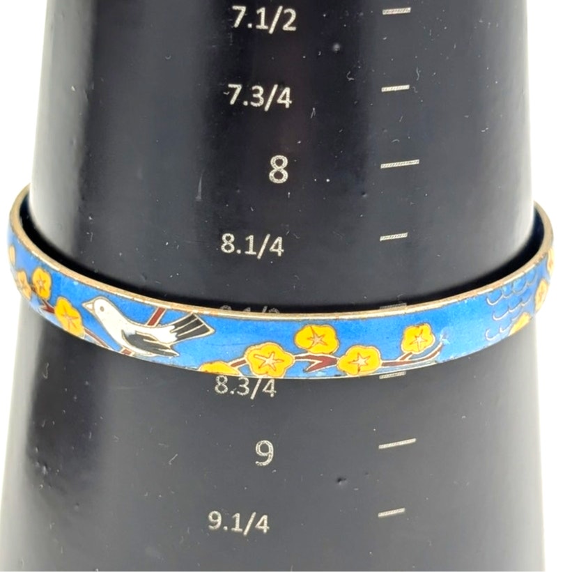 Vintage Blue Enamel Flying Bird Yellow Flower Cloisonne Bangle Bracelet