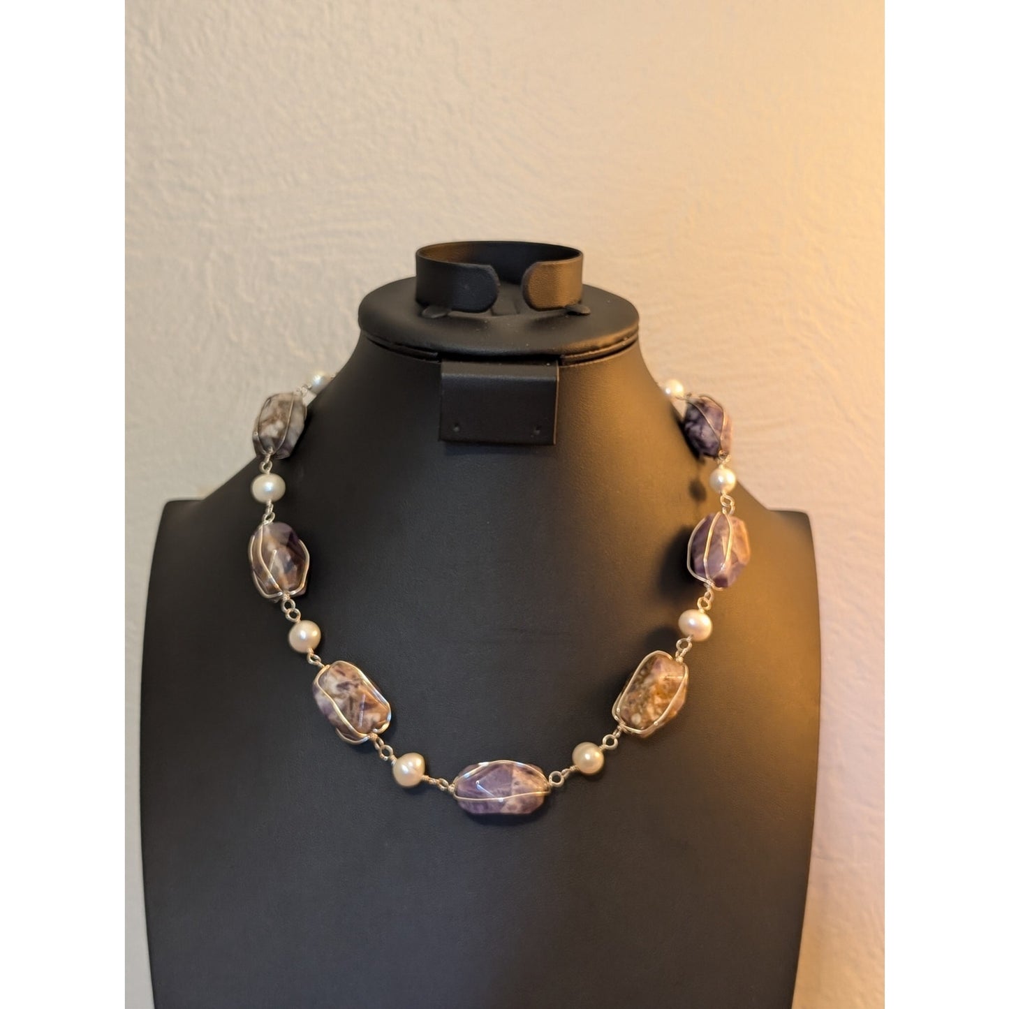 Chunky Wired Purple Lace Agate & Amethyst Fresh Water Pearl Sterling Necklace
