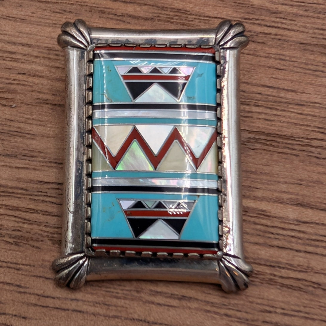Vtg Carolyn Pollack Relios Southwestern Inlay Stone Sterling Brooch/Pendant