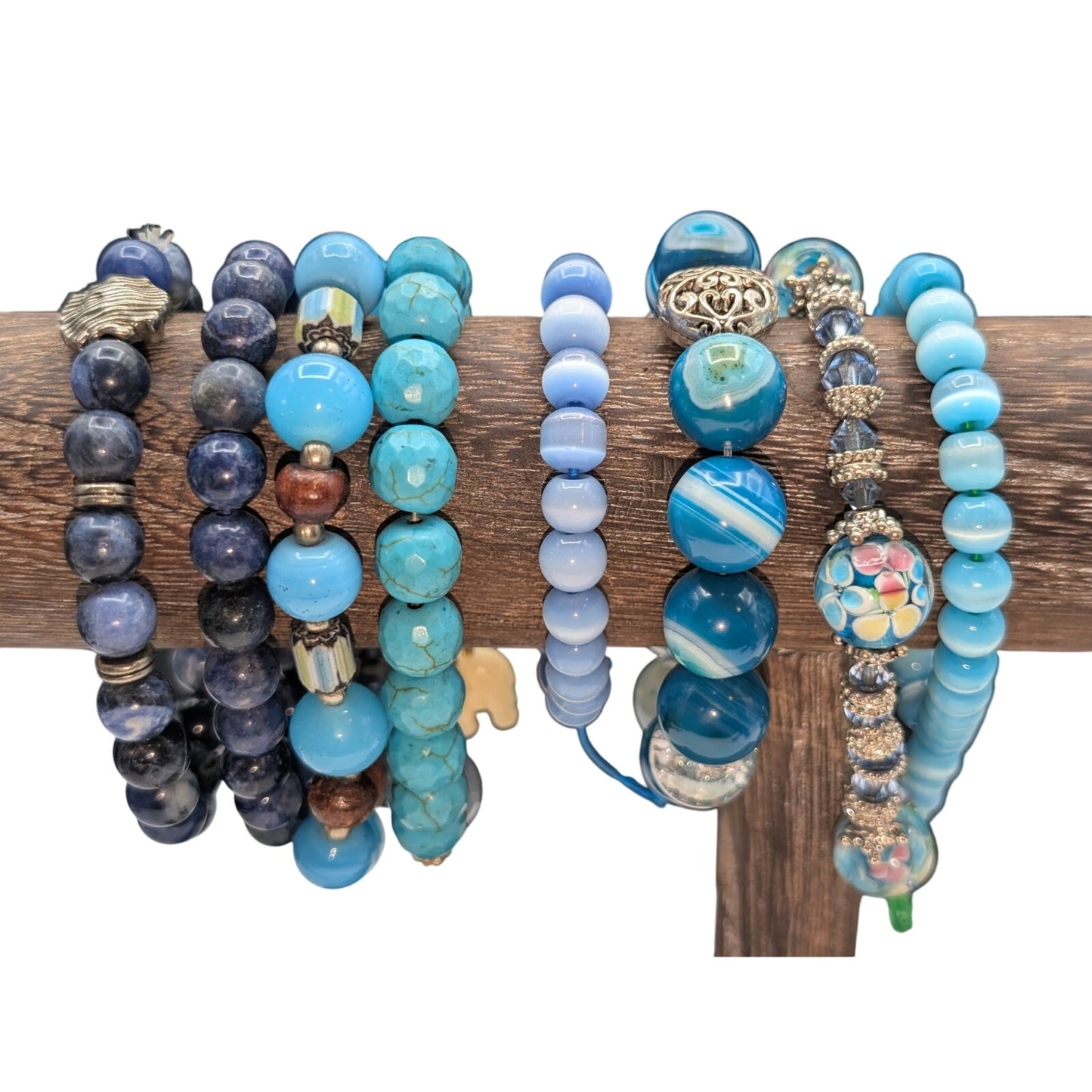 Lot of Eight Blue Theme Stone & Glass Bead Bracelets