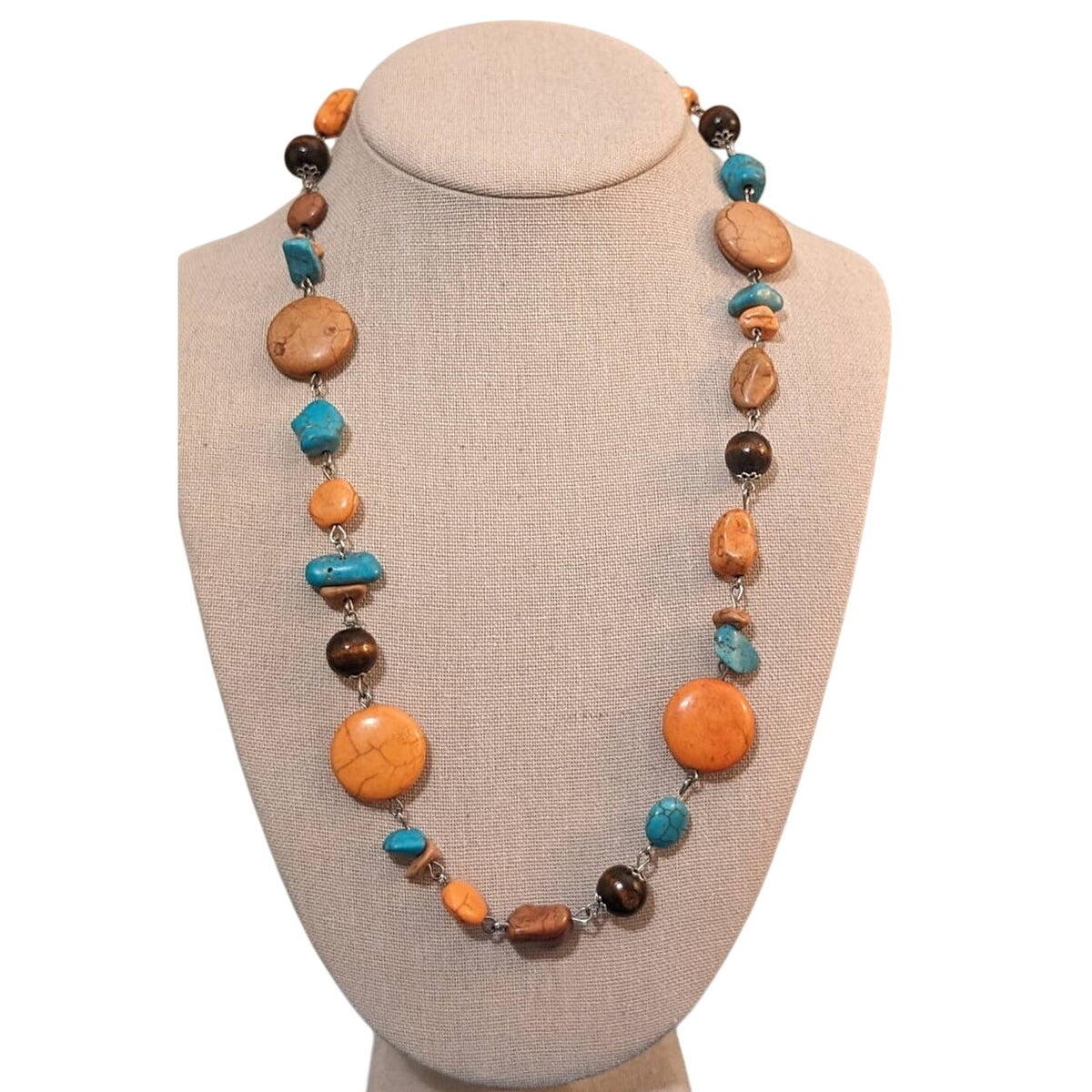 Howlite Stone in Orange, Blue and Beige w/ Brown Beads Necklace