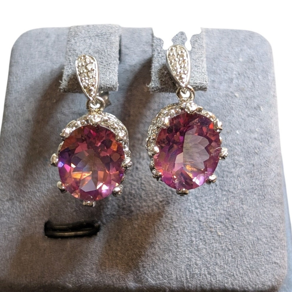 23mm Mystic Topaz Diamond Sterling Silver Crown Set Dangle Earrings 7.14g