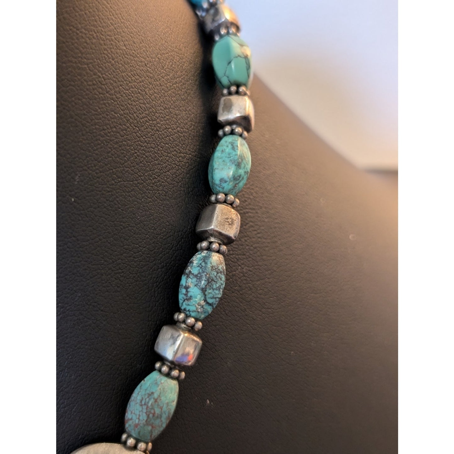925 Textured Puff Heart Pillow Square & Turquoise Bead Toggle Clasp Necklace