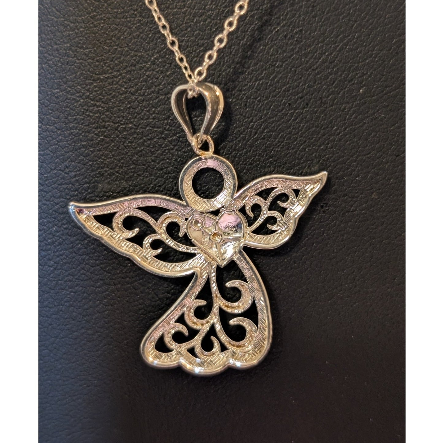 925 Sterling Silver Filigree Angel W/ 10K Yellow Gold Heart Pendant 18" Necklace