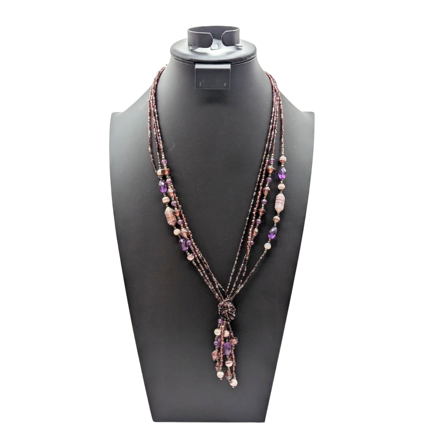 Purple Glass Bead Multi-Strand Tassel Fringe 24"-26.5" Necklace