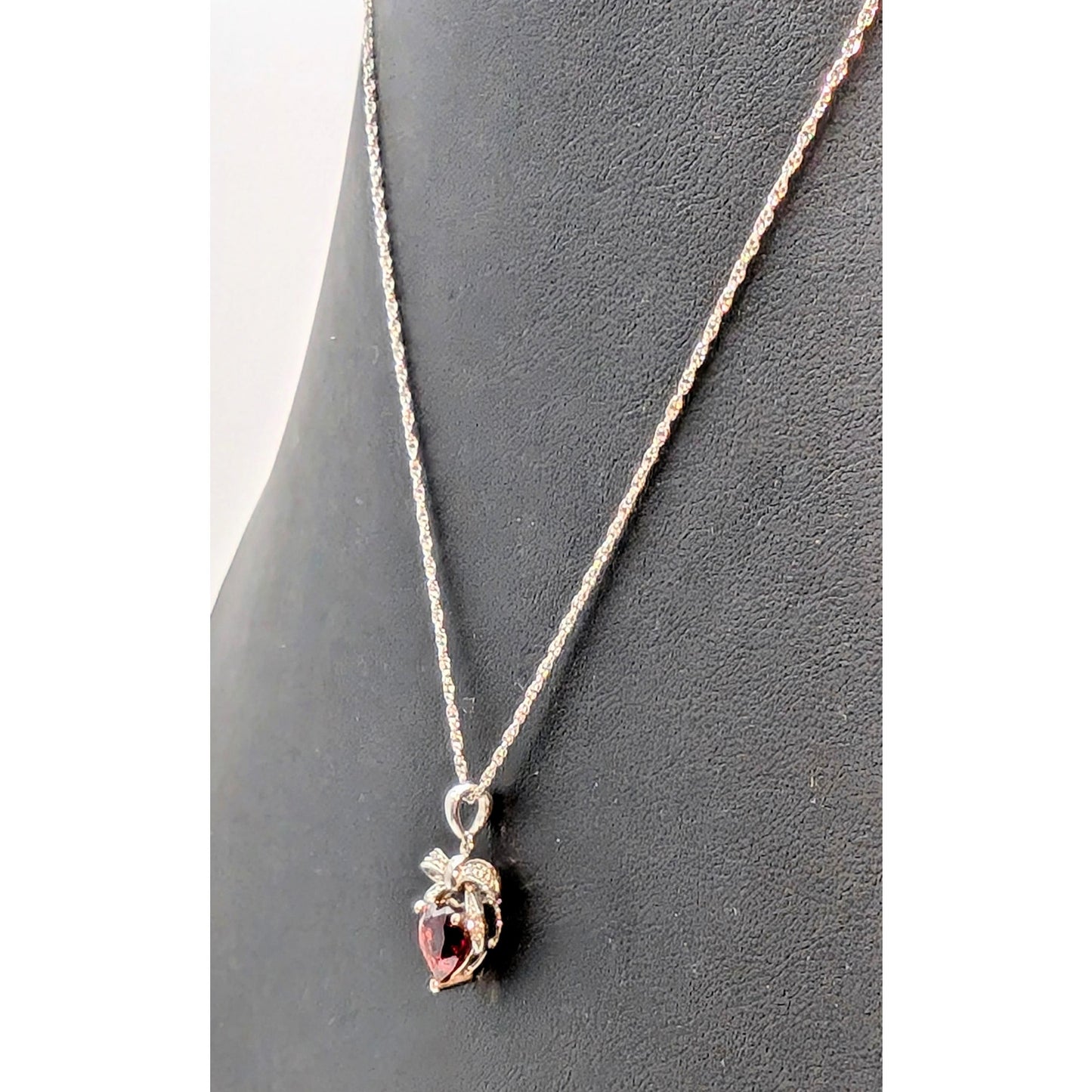 925 Sterling Silver Garnet Heart Bow Two Diamond Pendant 18.25" Necklace
