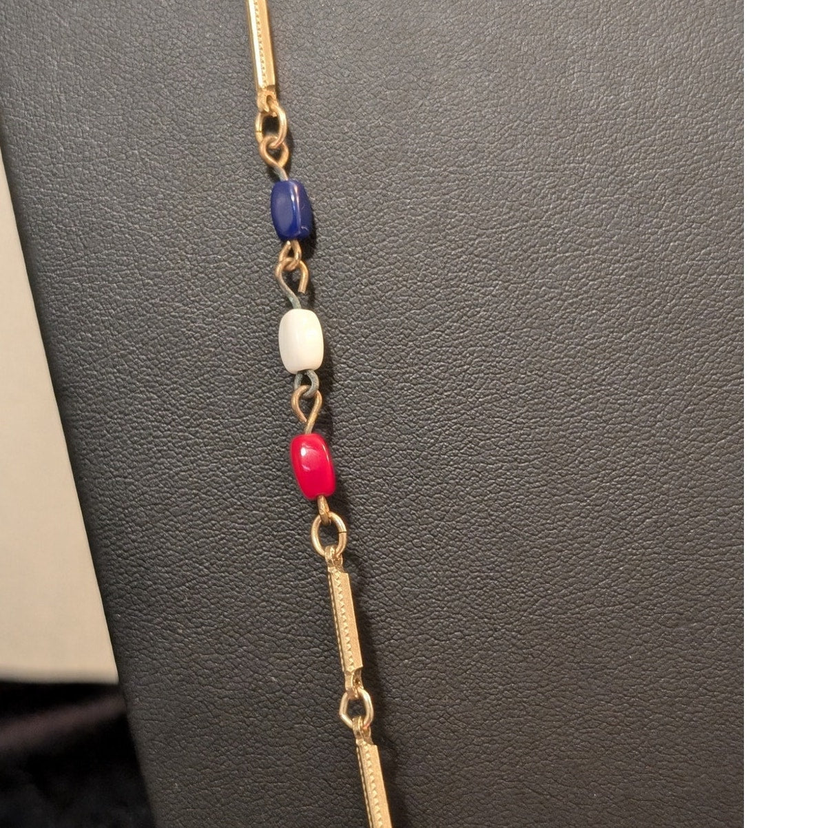 Vintage 70s Red White Blue Glass Bead Gold Tone Bar Link 44" Necklace