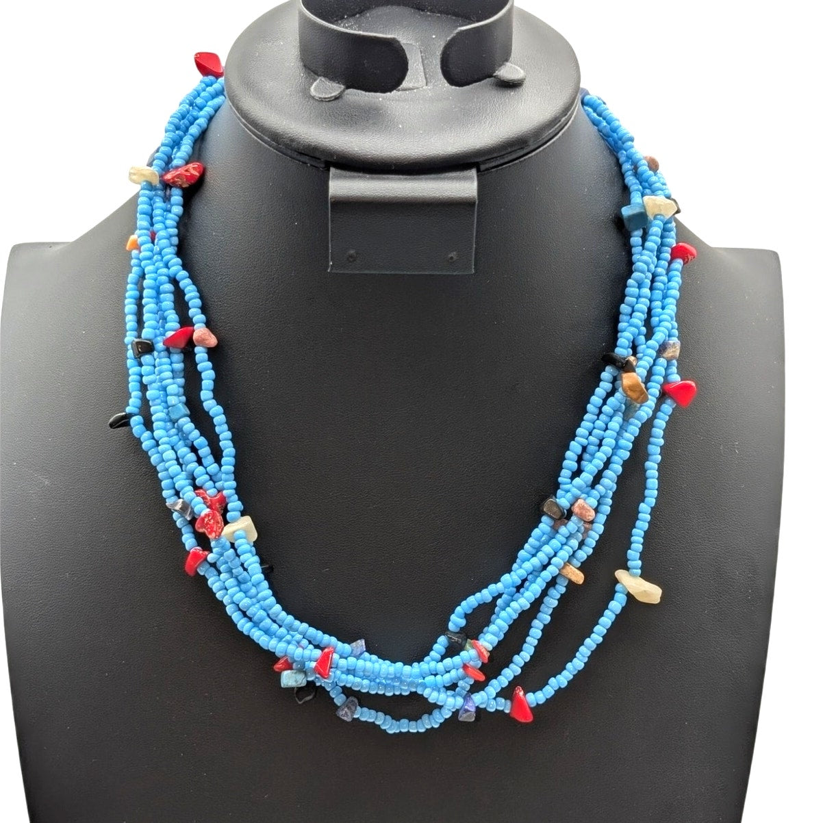 Six Strand Glass Seed Bead Genuine Stone Chip Beaded Button Clasp 20.5" Necklace
