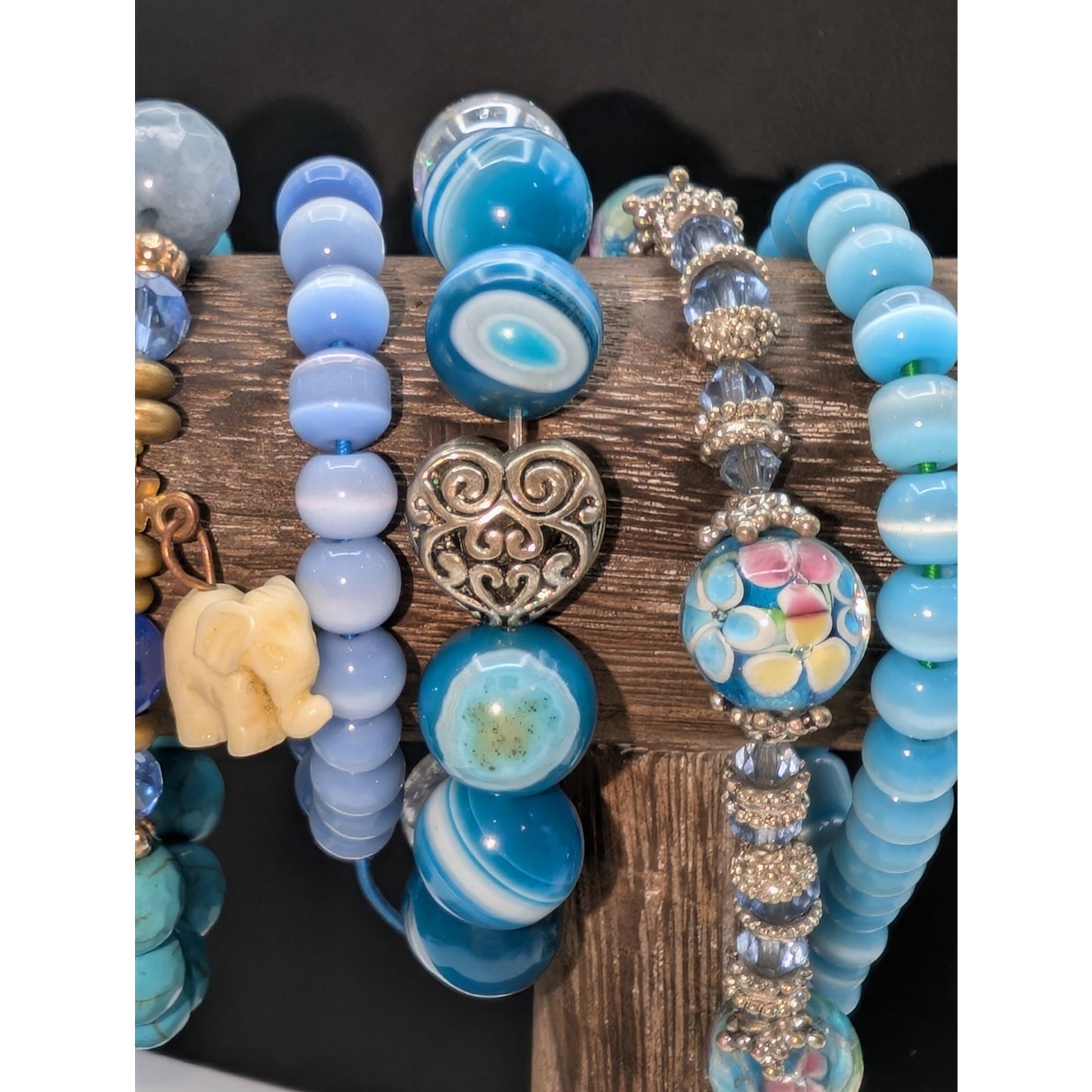Lot of Eight Blue Theme Stone & Glass Bead Bracelets