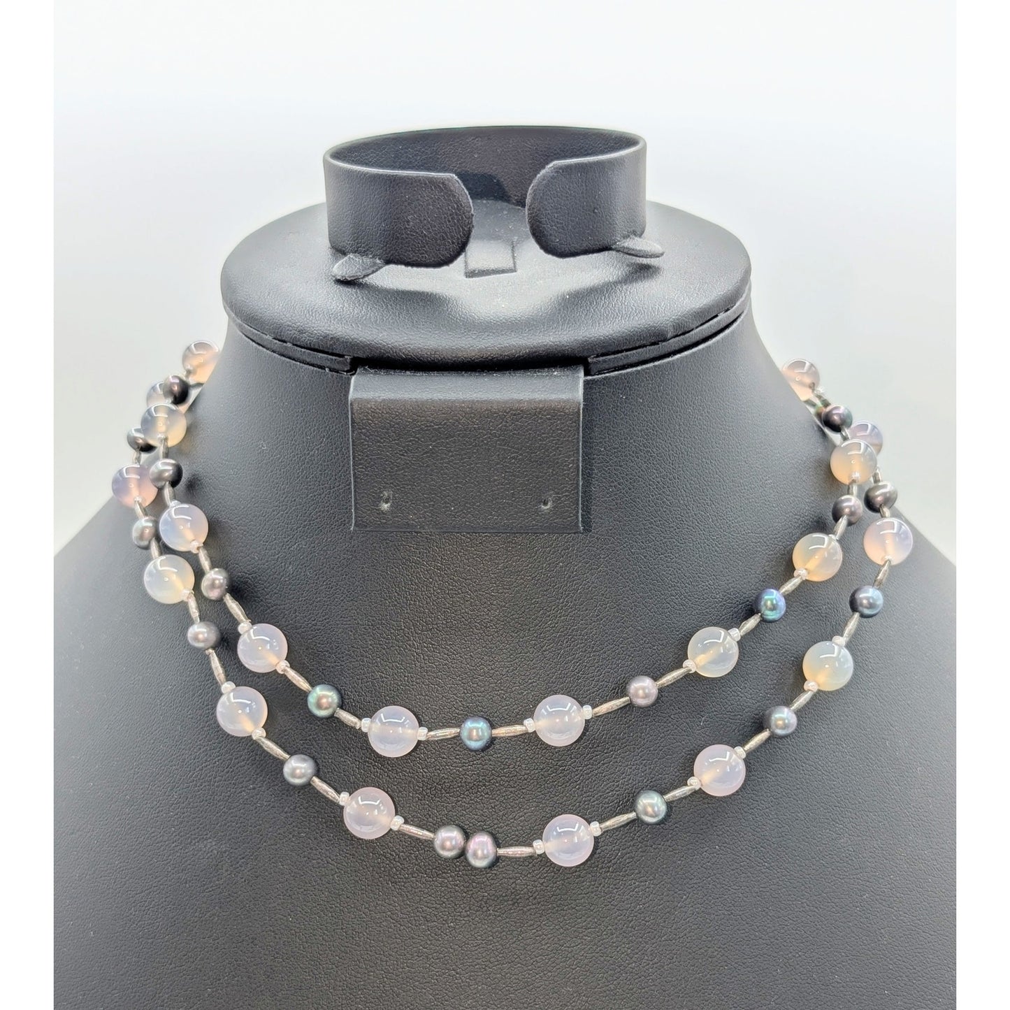 Vintage Opaque Glass & Pearl Bead Double Strand Hook Clasp 15" Necklace