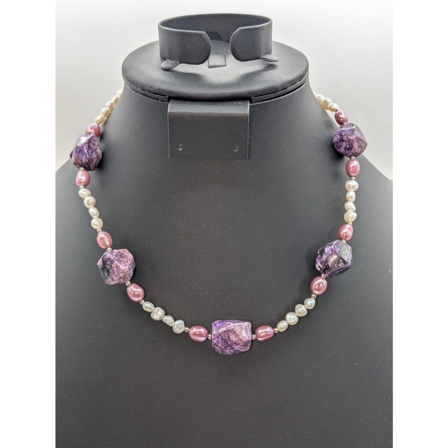 Lee Sands Purple Stone Freshwater Pearls Silver Tone Clasp 18" Necklace
