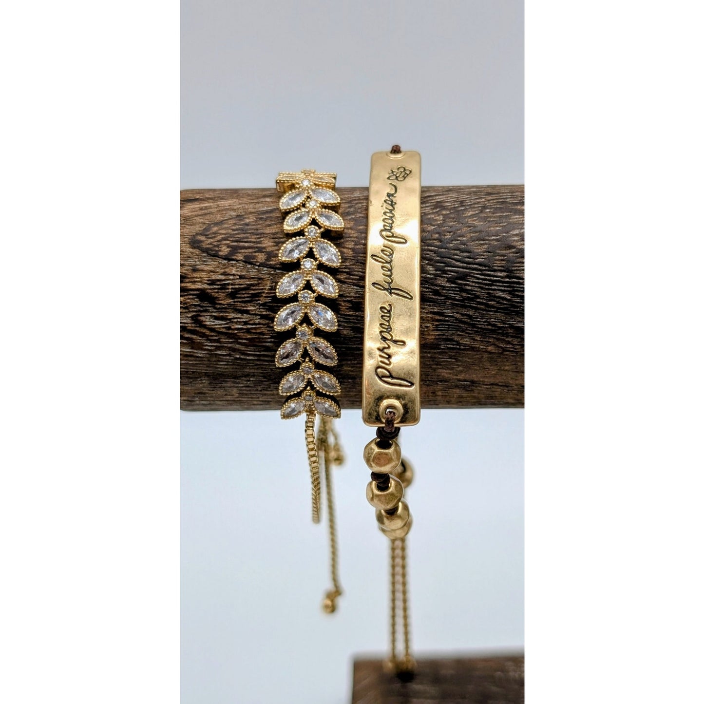 Lot of Two Gold Tone Pull Chain Bracelets --'Purpose Fuels Passion' & Rhinestone