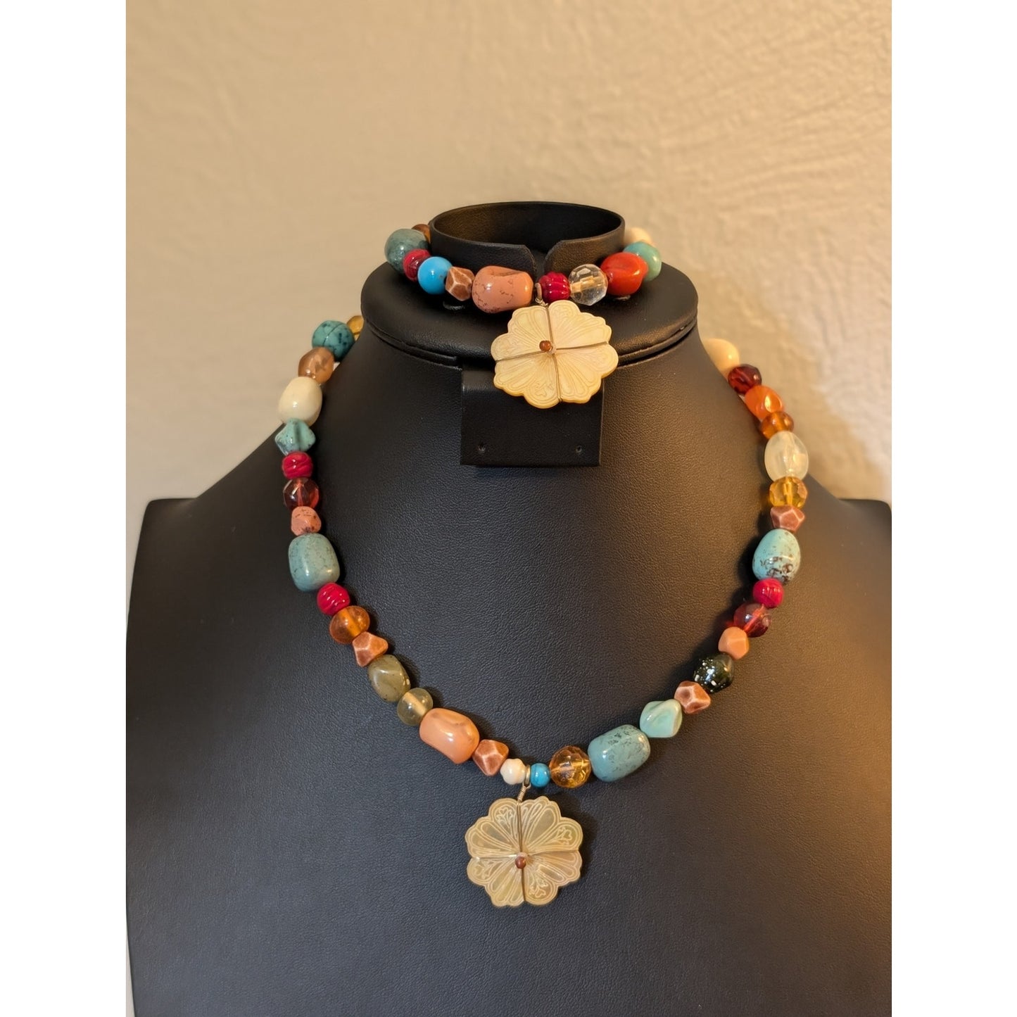Multi-Color Acrylic Beaded Wire Wrapped MOP Flower Charm Necklace & Bracelet Set