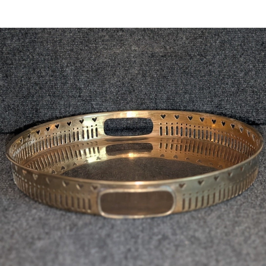 Vtg Brass Round Tray W/ Pierced Heart Gallery Decorative Serving or Vanity Tray