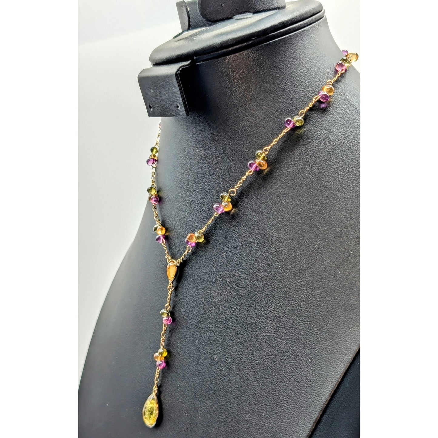 Gold Tone Purple Green Gold Glass Teardrop Bead Y Dangle 16.5" Necklace