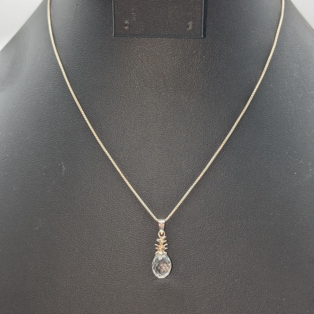 925 Sterling Silver Crystal Briolette Pineapple Pendant 16" Chain Necklace