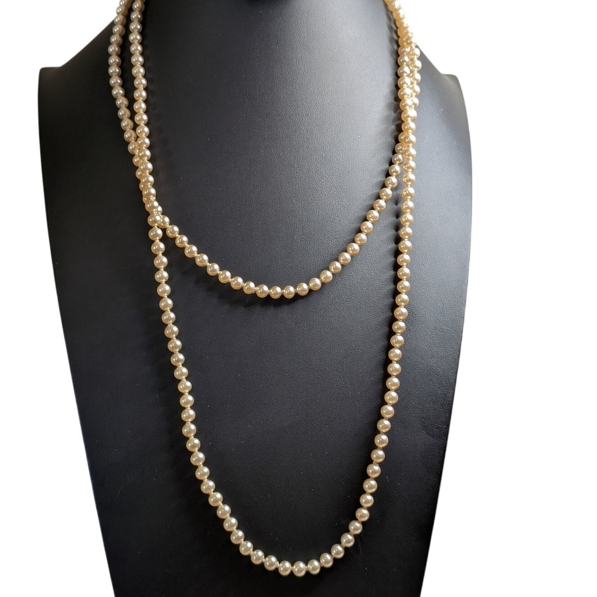 Vintage Faux Champagne Hand-Knotted 6mm Glass Pearl 32" Long Strand Necklace
