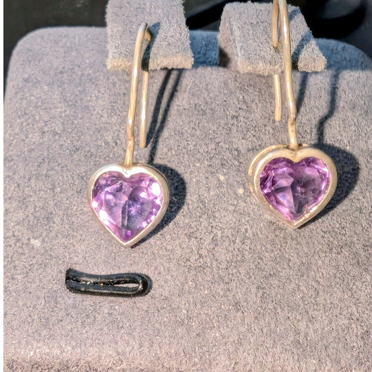 Vintage 925 Sterling Silver Amethyst Heart Wire Drop Earrings