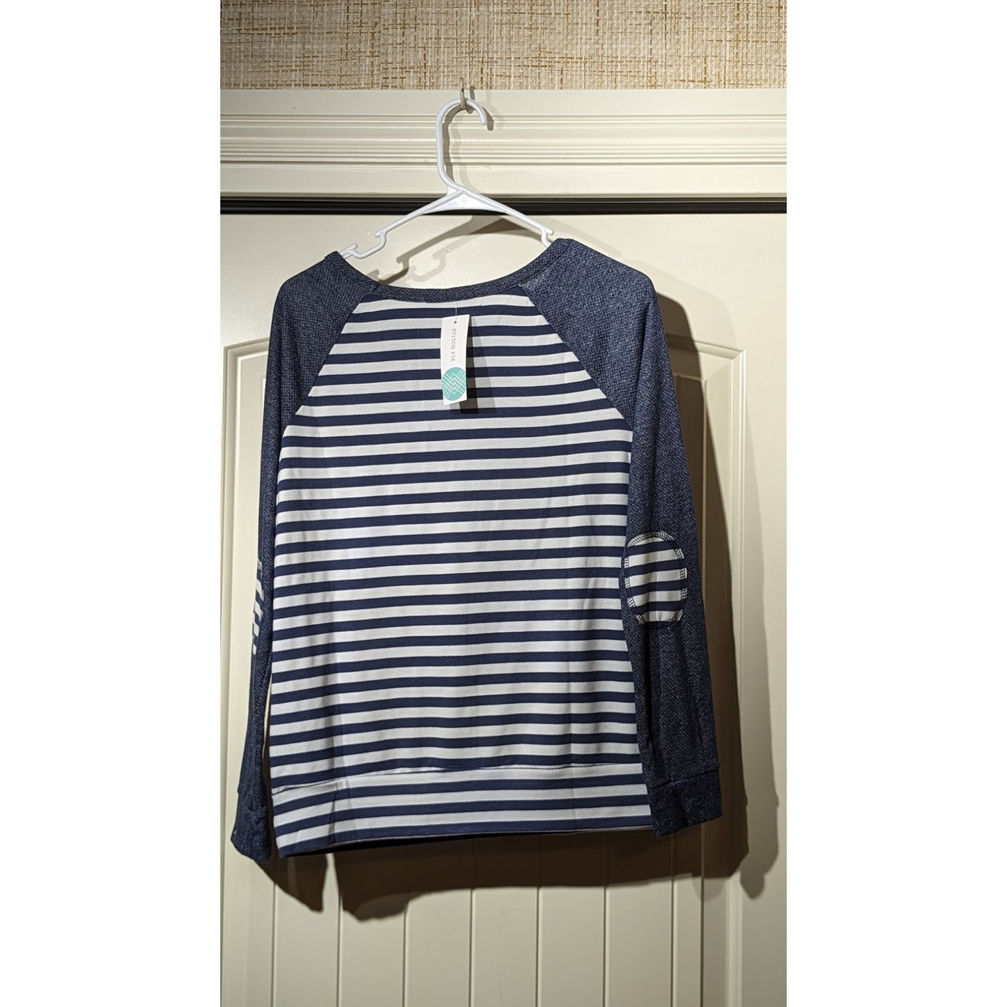 Loveappella Malbec Elbow Patch Blue Striped Knit Top Womens Sz M
