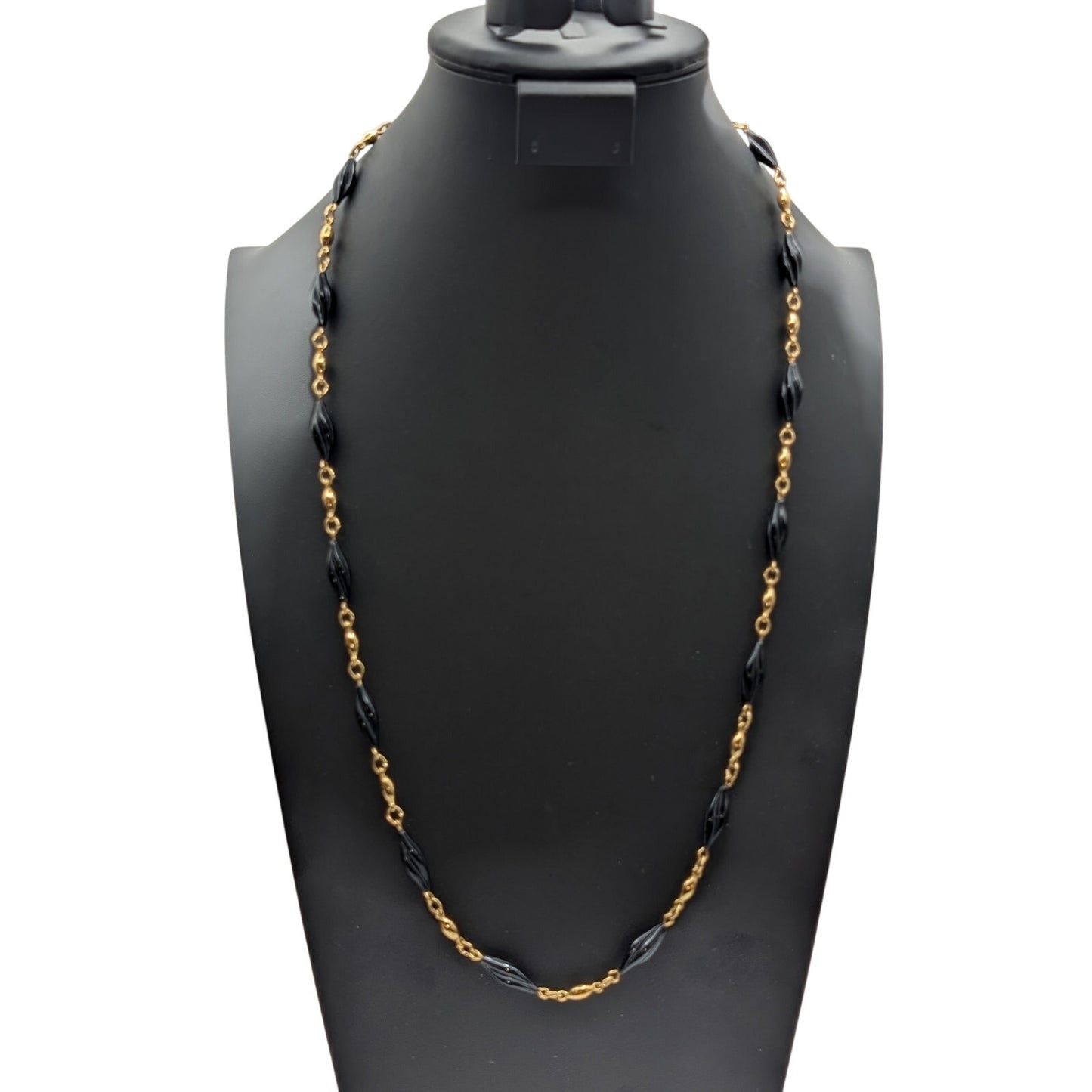 Vintage Trifari Gold Tone Black Carved Twisted Cylinder Glass Bead 31" Necklace