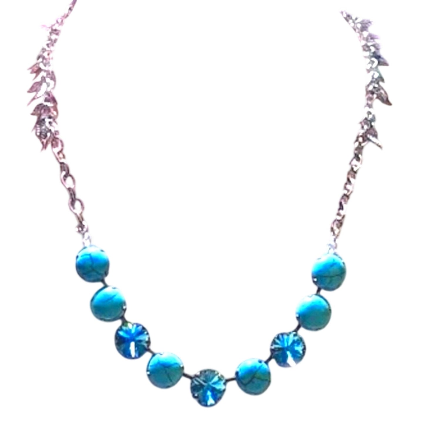 Turquoise Color Howlite with Aqua Crystals on Silver Tone Necklace