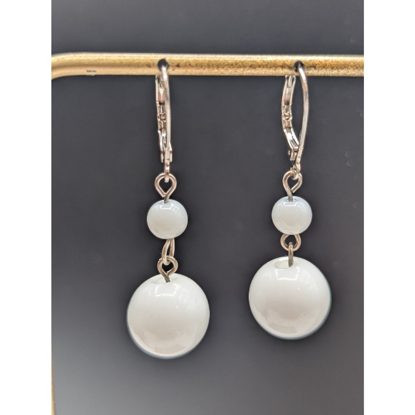 White Glass Silver Tone Lever Back Bauble Dangle Earrings
