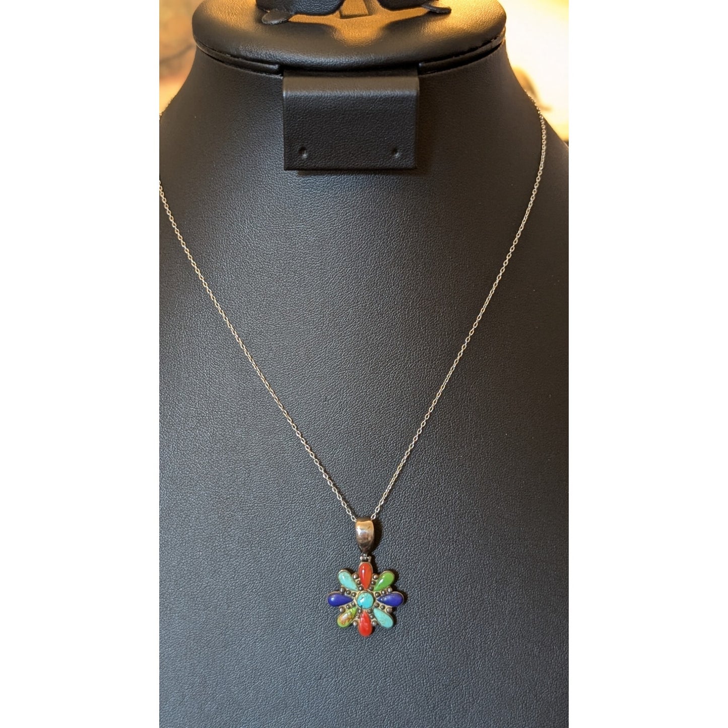 Vintage Southwest Navajo Sterling Multi Gemstone Flower Pendant 925 Silver Chain