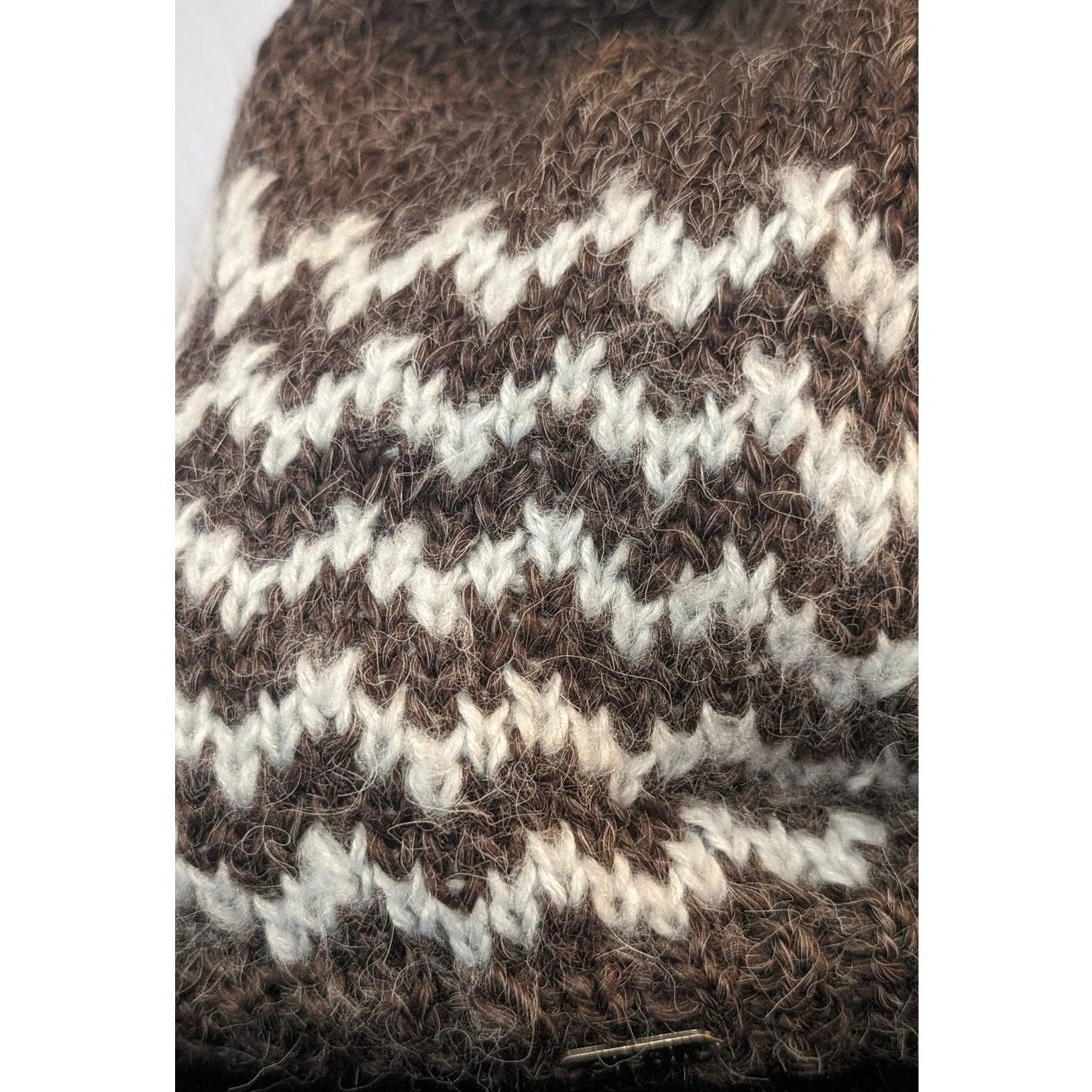 Pistil Brown/Cream ZigZag Print Knit Faux Fur Pom Pom Beanie
