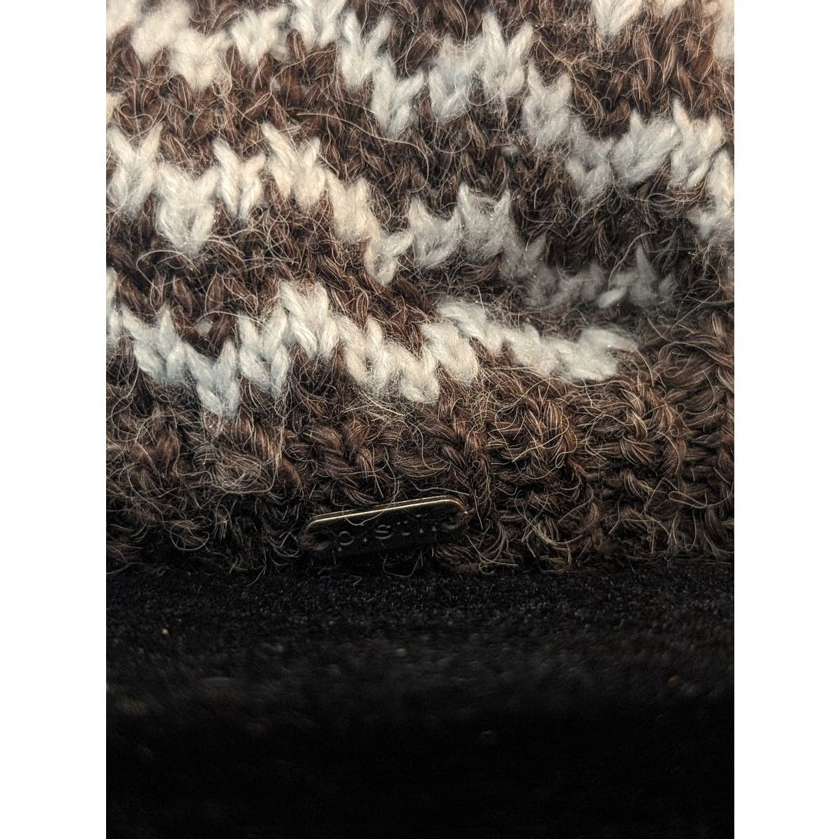 Pistil Brown/Cream ZigZag Print Knit Faux Fur Pom Pom Beanie