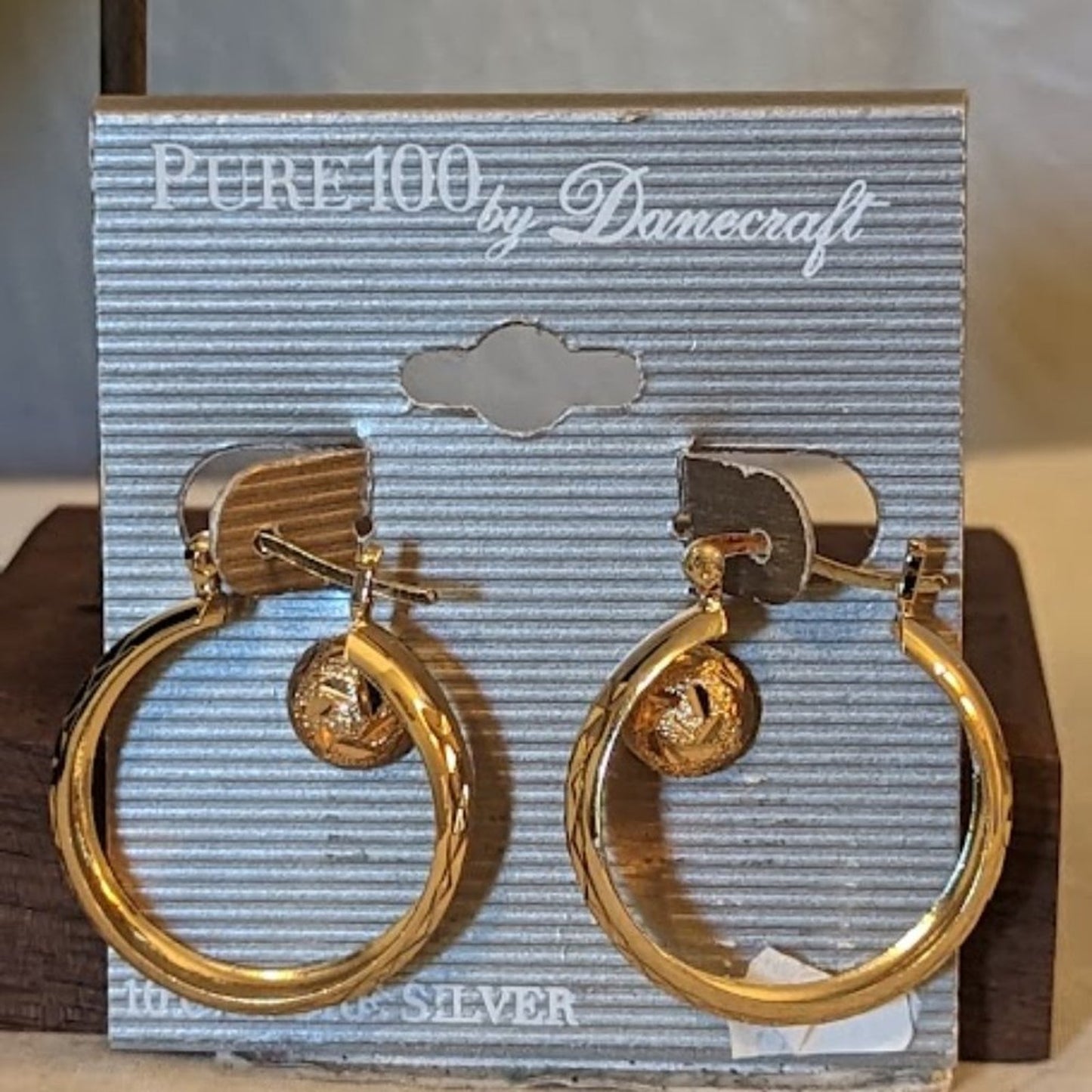 NWT Danecraft 10% Pure Silver Earring Set Diamond Cut Hoops and Posts Gold Tone