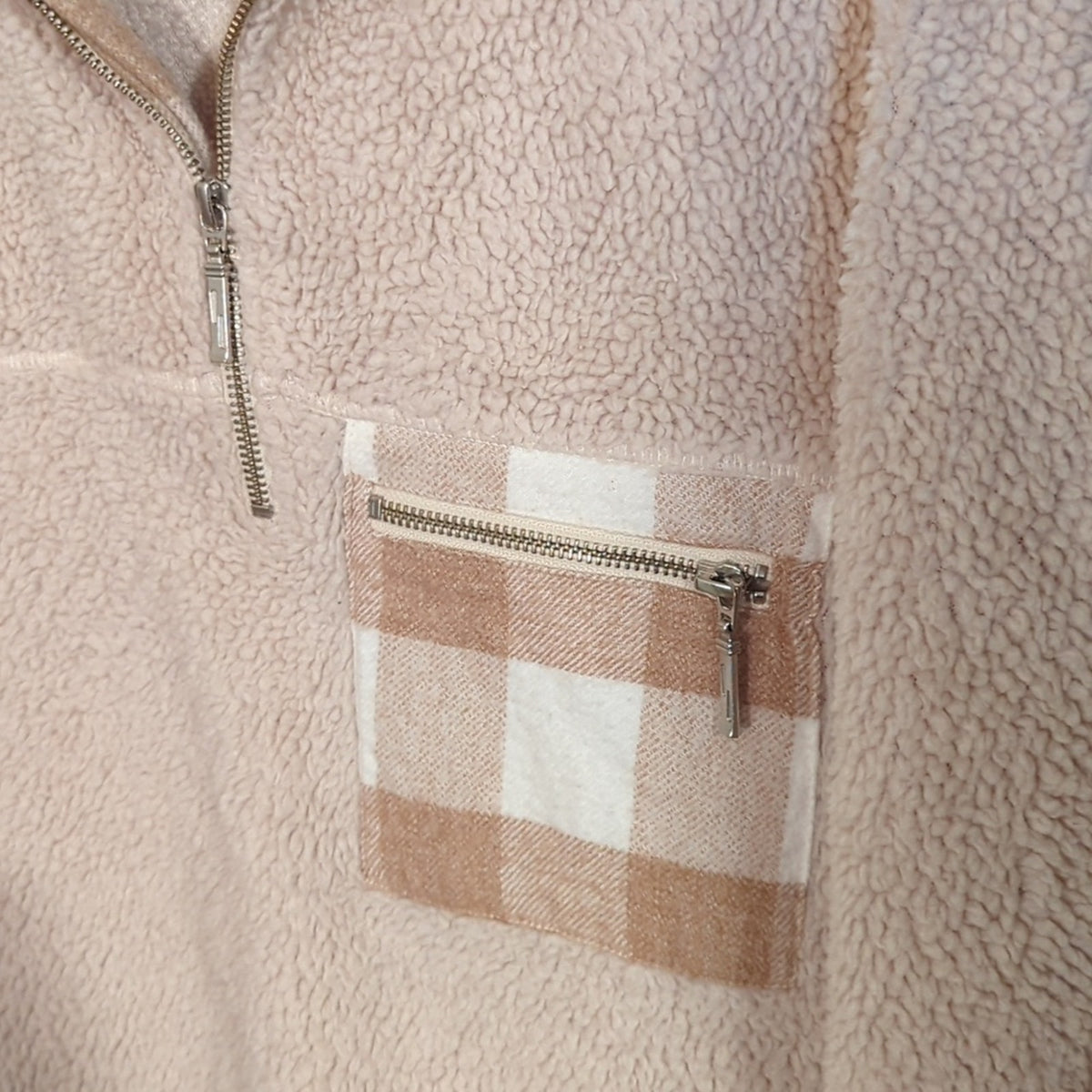 Natural Reflections Oatmeal Sherpa Plaid Trim Quarter Zip Pullover Women Sz S/P